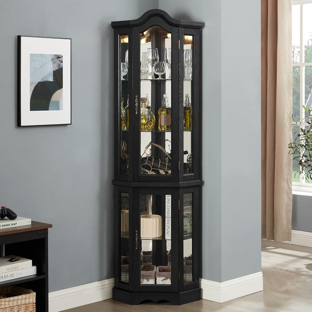 70" Lighted Corner Curio Cabinet,Inside Mirror Corner Glass Display Case...