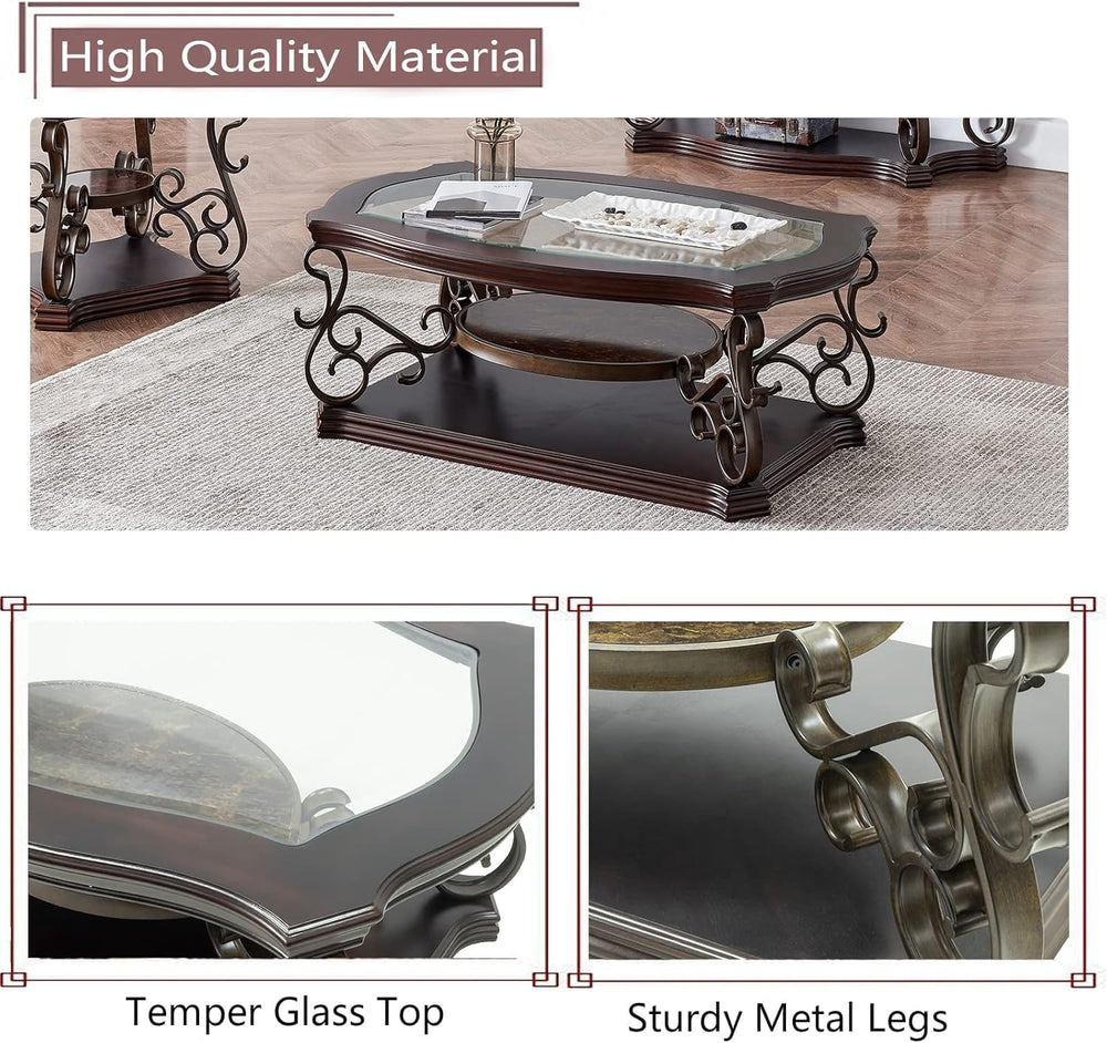 4 Piece Retro Coffee Table Set, Mid Century Modern Living Room Table Set, Tra...