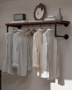 Clothes Rack 36in, Wall Mounted Garment Racks with Brown Real Wood Shelf, Heavy Duty Hanging Clothes Rack, Multi-Purpose Hanging Rod, Space-Saving Closet Storage