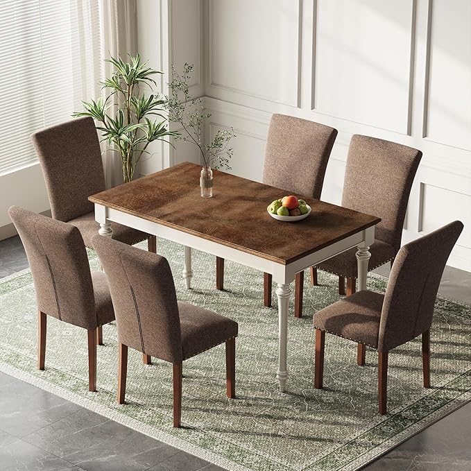 Stylish Dining Chairs Set of 6, Upholstered Parsons Dining Room Chair with Nailhead Trim, Kitchen Room Chair with Thick Cushions and Wood Legs, Nailhead Trim, Brown