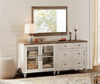 WAMPAT TV Stand for 75 Inch TV, Wood TV Cabinet Entertainment Center Television Stands for Living Room, 2-in-1 Sideboard Buffet Cabinet with Glass Door & Drawer for Kitchen, Rustic White
