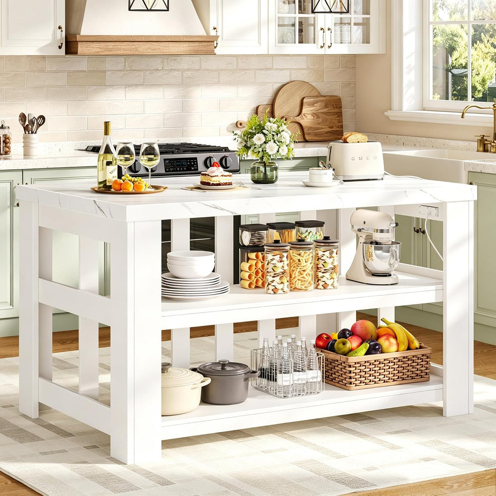 DynJest Kitchen Island with Storage, 55 Inch Large Faux Marble Prep Worktop |...