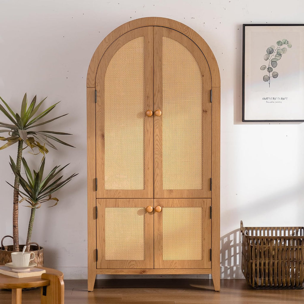Arched Kitchen Pantry Cabinet, 63.39" Tall Kitchen Storage Cabinets, Rattan Bookcase with Doors and Adjustable Shelves, Freestanding Cupboard for Living Room, Dining Room - Natural