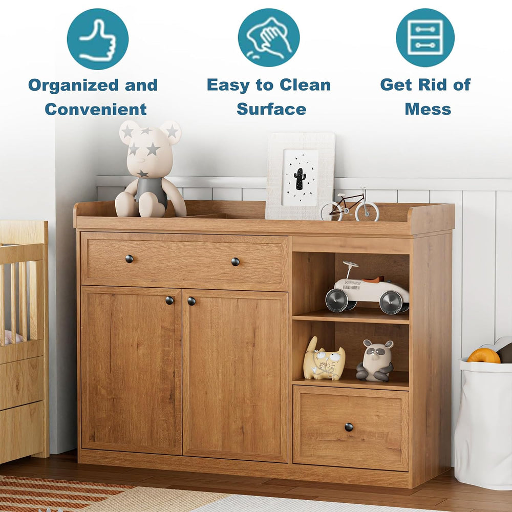 Wide Changing Table with 2 Doors, 2 Different Size Drawer&Storage Cubbies...