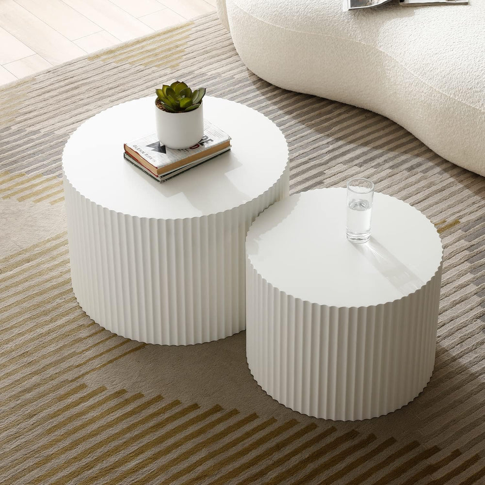 42.52'' White Round Nesting Coffee Table Set of 2 Modern Drum Side En...