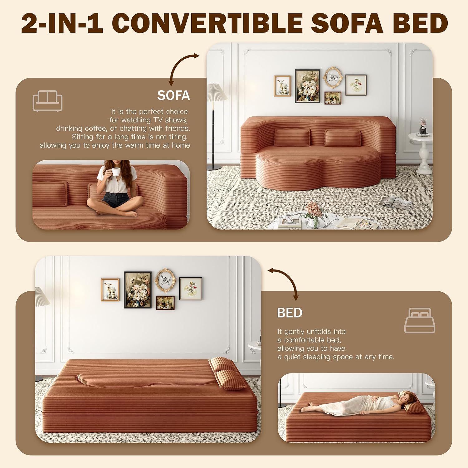 Convertible Folding Sofa Bed, 2-in-1 Full Size Floor Boneless Couch Bed, Loveseat sleeper Couch , Corduroy Floor Sofa, Memory Foam Sleeper SofaBed, Small couches for small spaces, No Assembly, Orange