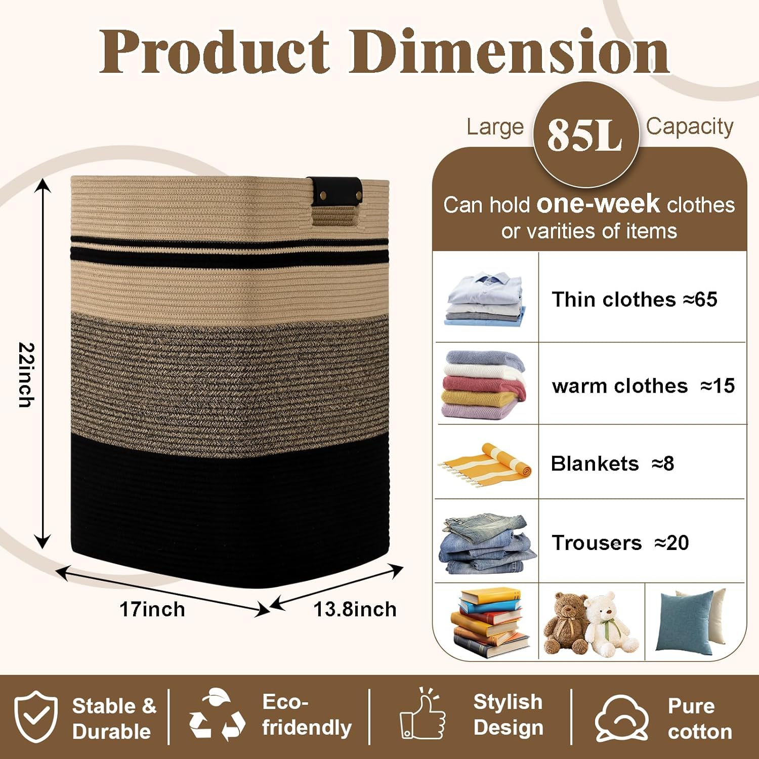 Laundry Hamper, 85L Tall Laundry Basket with Leather Handles, Rectangle Large Clothes Hamper for Organizing, Cotton Woven Laundry Baskets Storage Hampers for Bedroom, Nursery, Living Room