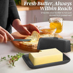 Flexzion Ceramic Gray European Butter Dish with Lid for Countertop (8 Inch) - Wide 2 Stick Double Butter Holder for Counter, Cream Cheese Container Storage Keeper