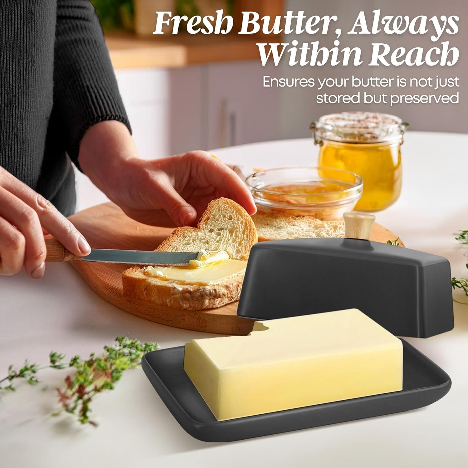 Flexzion Ceramic Gray European Butter Dish with Lid for Countertop (8 Inch) - Wide 2 Stick Double Butter Holder for Counter, Cream Cheese Container Storage Keeper
