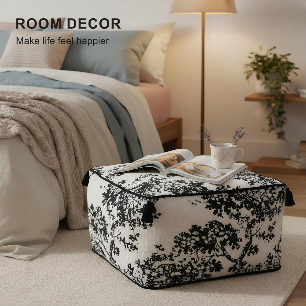Chenille Square Pouf Ottoman - Foot Stool for Living Room & Bedroom | Sof...