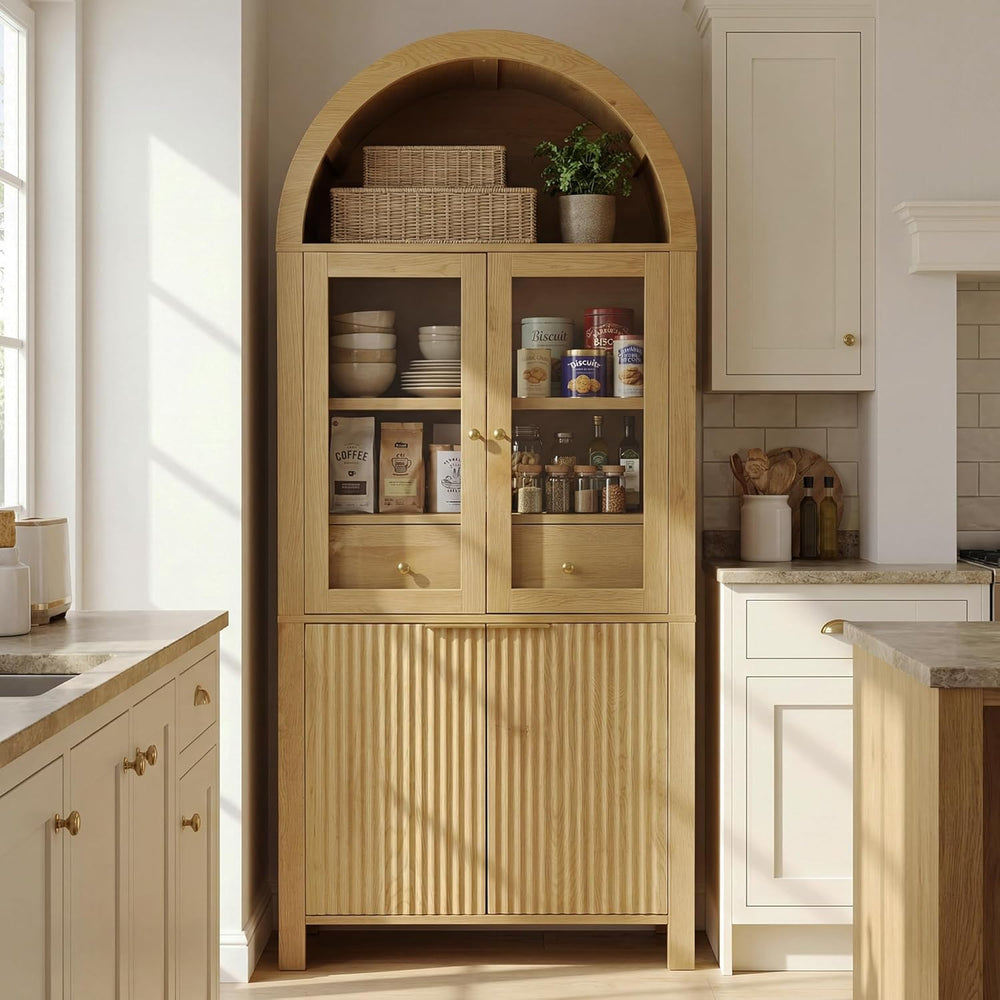 71" Tall Arched Kitchen Pantry with Drawer,Glass Door,Door Racks, Fluted...