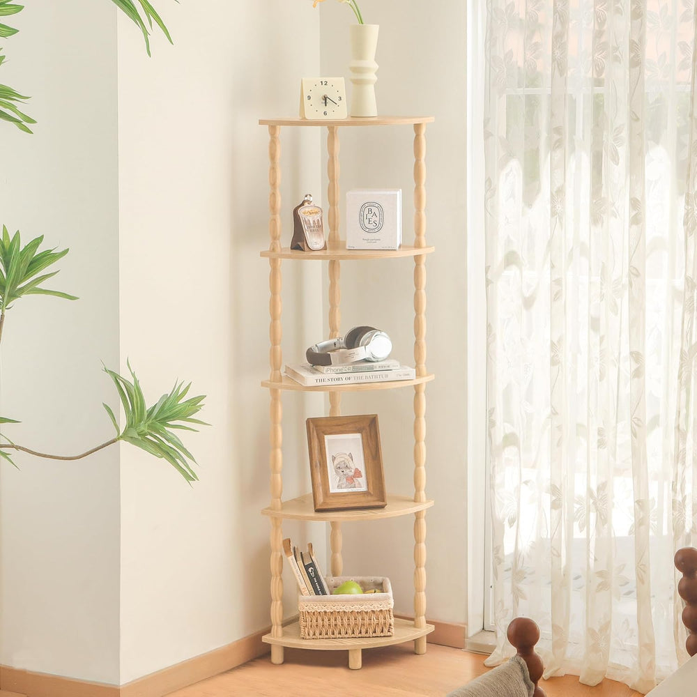 Corner Shelf, 5-Tier Corner Bookshelf for Small Spaces, Stylish Corner Storag...