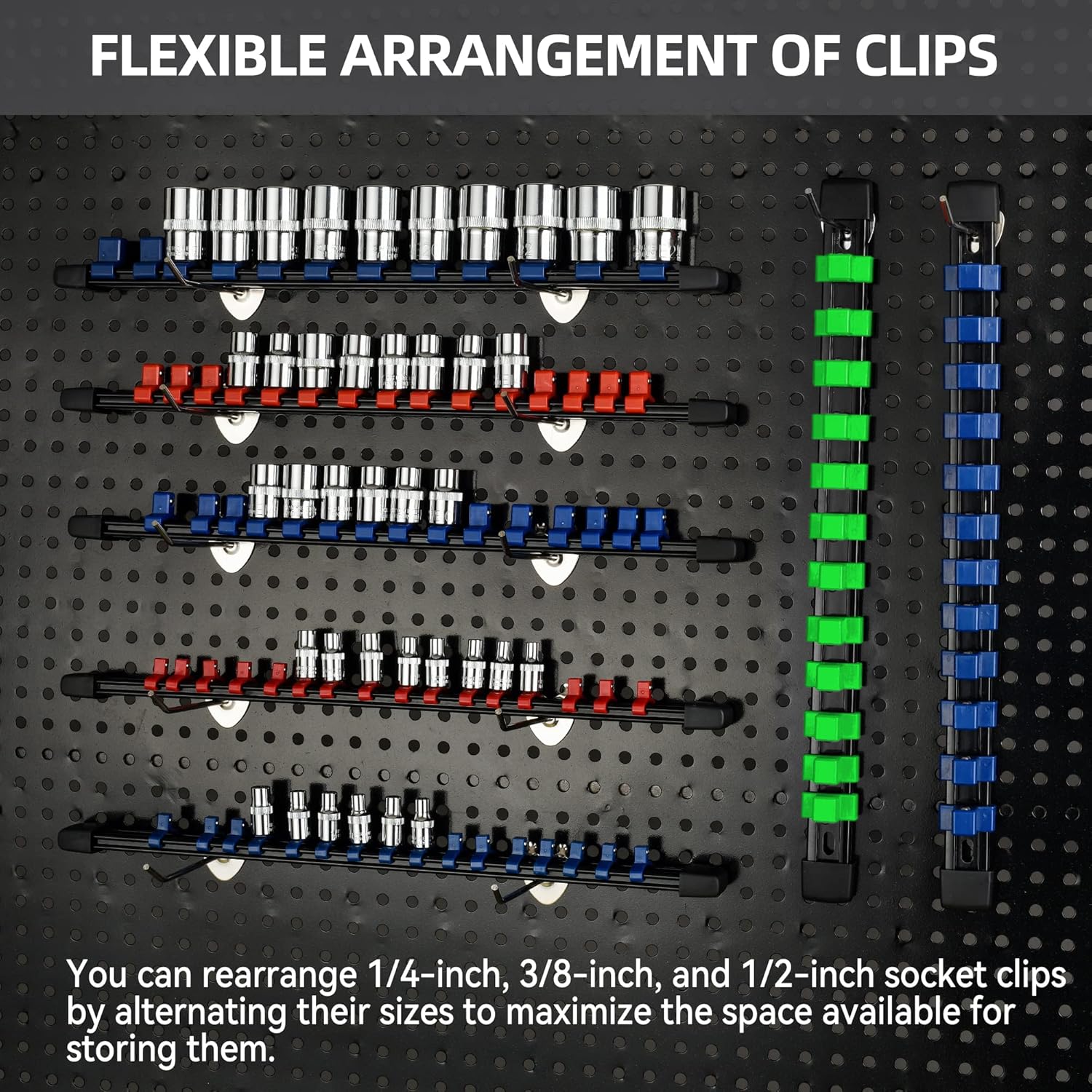 Socket Organizer Drive ABS Tools - Green Socket Holder, Premium Quality 12 Pieces Socket Holders Kit 1/4-Inch x 64 Clips, 3/8-Inch x 60 Clips, 1/2-Inch x 48 Clips（12PC,Green