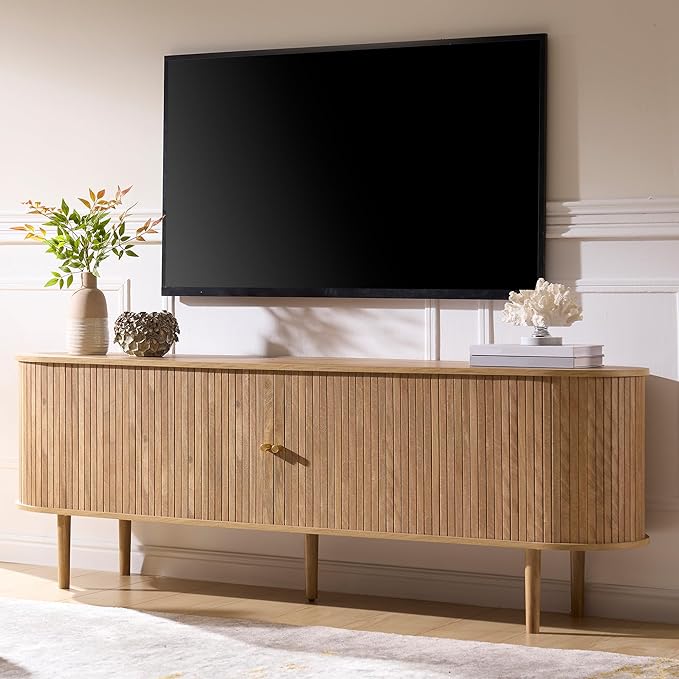 AMERLIFE 70" Mid-Century Modern TV Stand, TV Console Table for TVs up to 80 Inch, Fluted Wood Media Console with Storage, Solid Wood Legs, Natural Oak