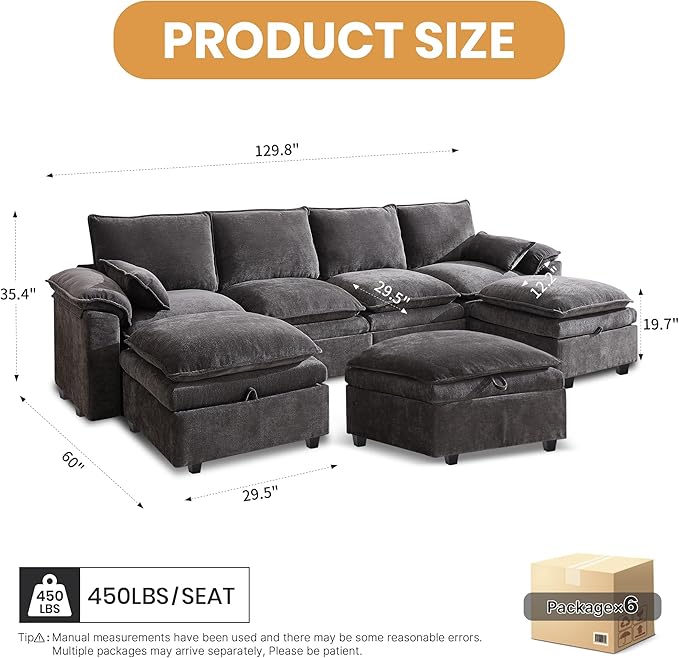 130" U Shaped Modular Sectional Sofa, Couch with Ottoman Storage, Chenille Cloud Couch with Plush Deep Seating for Living Room, Bedroom (Grey, 7 Seat)