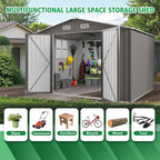 Metal Storage Shed, 10 X 12 FT Lockable Outdoor Tool Shed with Air Vent and Clear Windows, Galvanized Steel Garden Shed for Backyard, Patio, Garden, Bike Storage or Outdoor Use, Grey