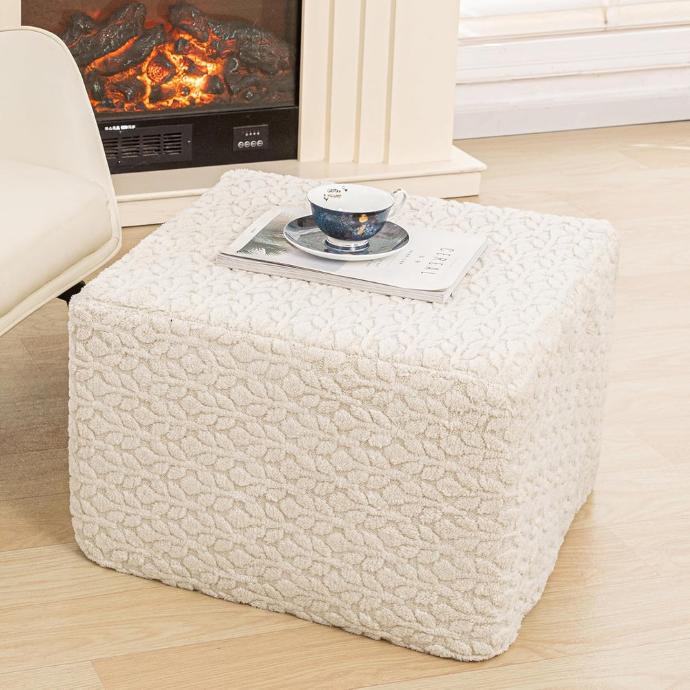 Square Stuffed Pouf Ottoman Poufs with One-Piece Seamless Foam Filling, Furry...