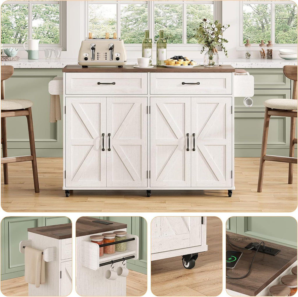 Mobile Kitchen Island, Kitchen Island Cart with 2 Drawers and Charging Station, Island Table for Kitchen, Home Bar Carts with Storage, Kitchen Rolling Island with Spice Rack and Towel Rack,White