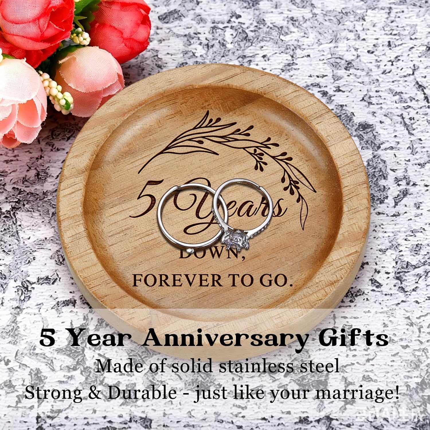 5 Year Anniversary Wood Gifts for Him Her, 5th Anniversary Ring Holder | Wood Wedding Anniversary Decor Ring Dish Jewelry Tray for Him Her Husband Wife Boyfriend Girlfriend Couple Birthday Christmas
