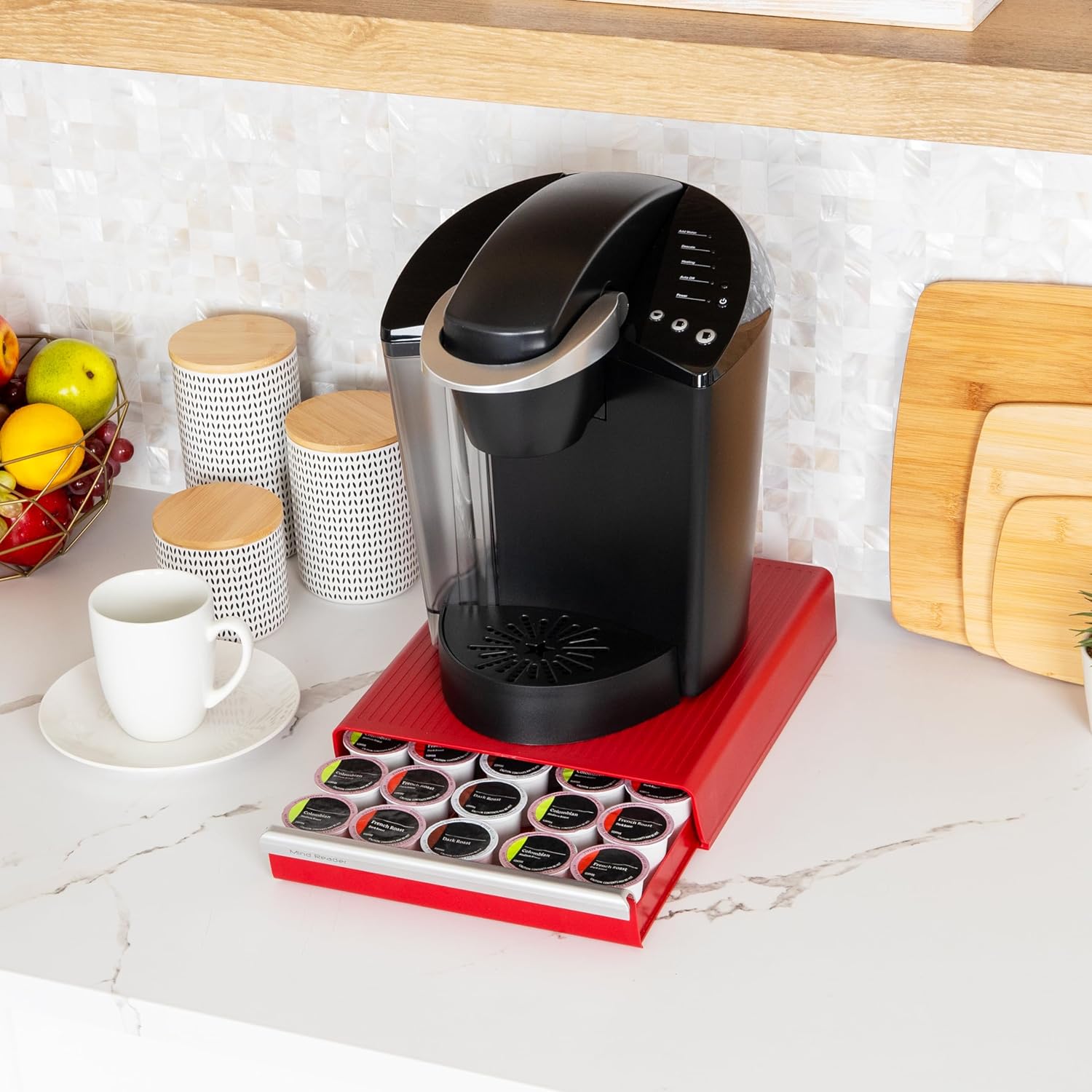 Mind Reader Single Serve Coffee Pod Drawer, 30 Pod Capacity, Countertop Organizer, 10.5"L x 12.75"W x 2.5"H, Red