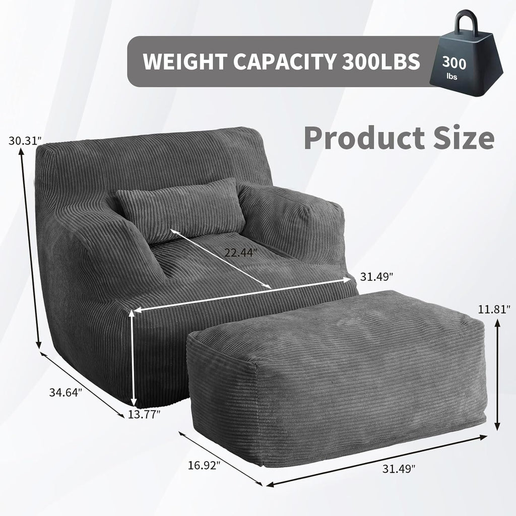 LOVMOC Bean Bag Sofa Chair with Ottoman, Comfy Floor Couch, Oversized Reading Chair for Bedroom, Dorm Room, Living Room, Darkgrey