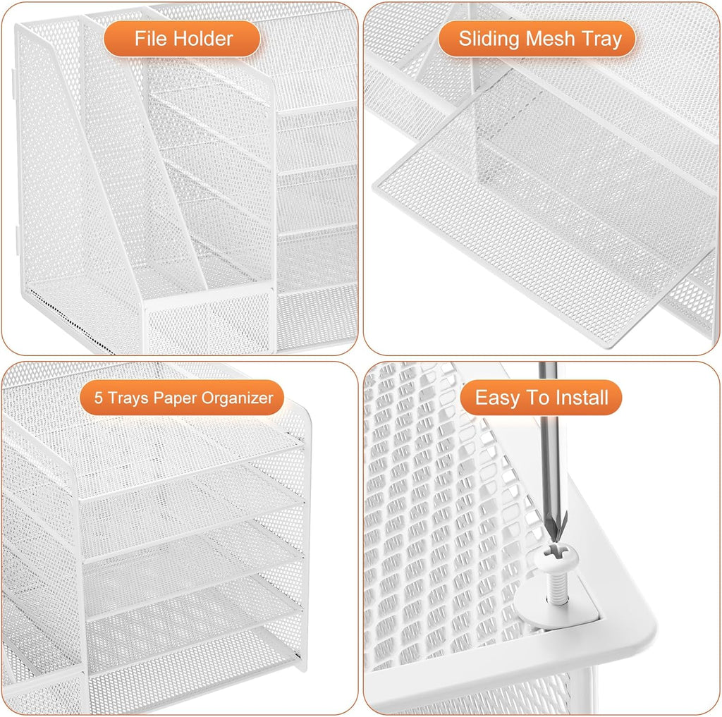 Marbrasse Desk Organizer with File Holder, 5-Tier Paper Letter Tray, Mesh Desk Organizers and Accessories with Magazine Holder, Desktop Organizer and Storage for Office Supplies (White)