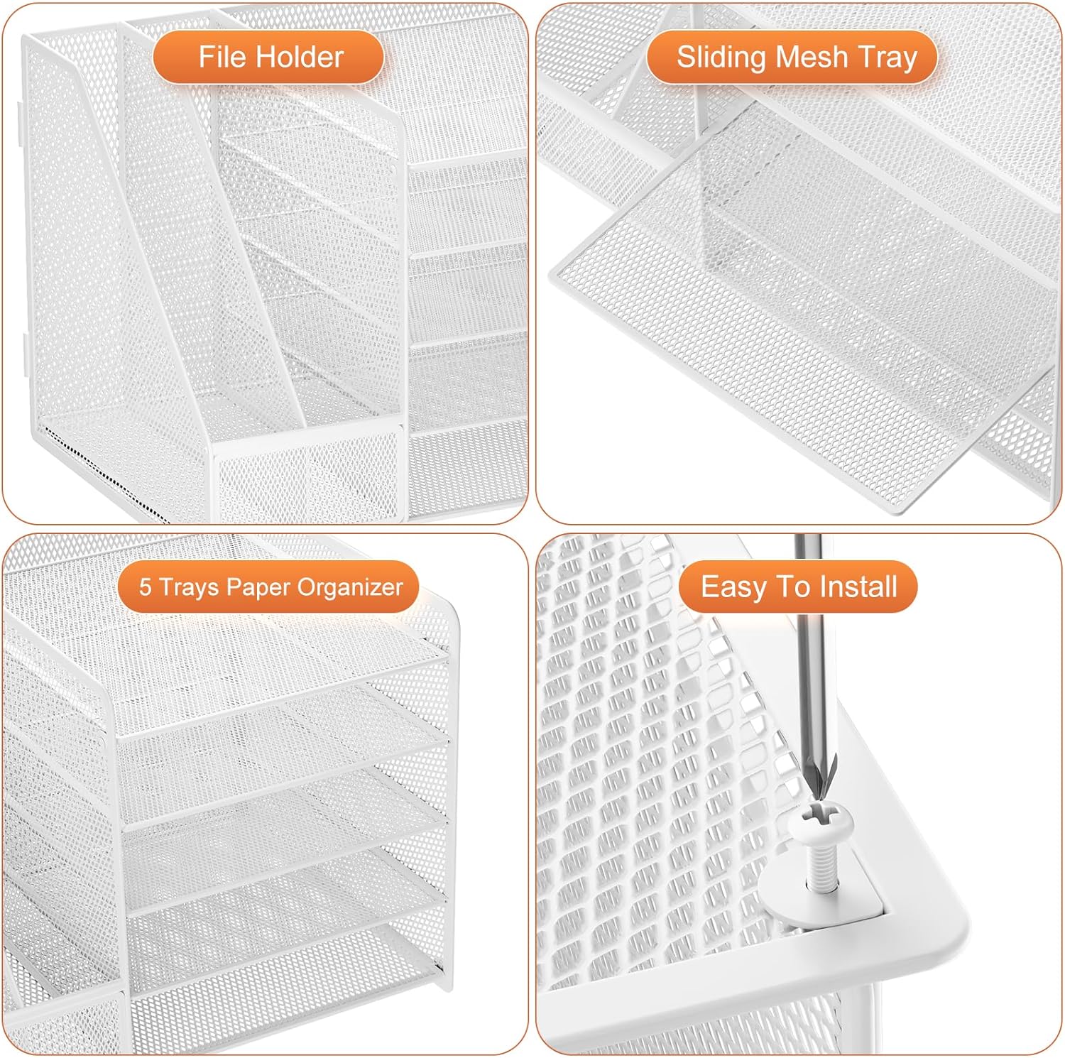 Marbrasse Desk Organizer with File Holder, 5-Tier Paper Letter Tray, Mesh Desk Organizers and Accessories with Magazine Holder, Desktop Organizer and Storage for Office Supplies (White)