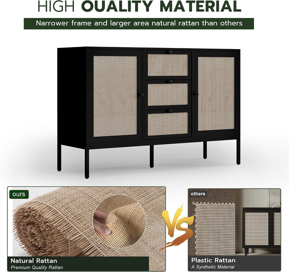 Rattan Sideboard Buffet Cabinet with 2 Doors & 3 Drawers, Mid Century Mod...