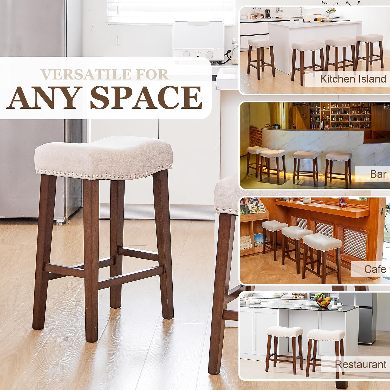 PrimeZone 26 Inch Solid Wood Saddle Backless Bar Stools Set of 2, Beige | Counter Height Barstools with Footrest & Nailhead Trim, Modern Farmhouse Upholstered Linen Counter Stools for Kitchen Island