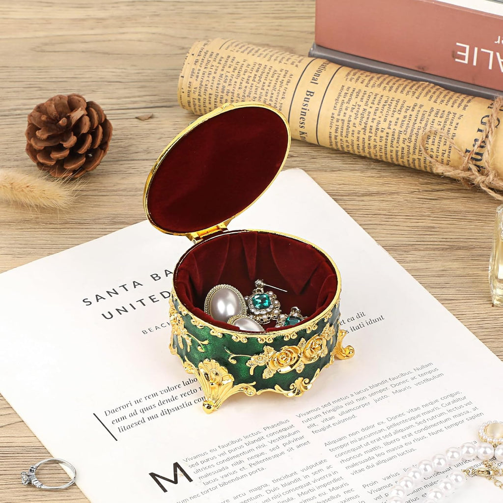Hipiwe Vintage Metal Jewelry Box Small Ring Holder, Green with Gold Rose | Round Treasure Chest Keepsake Boxes, Trinket organizer for Earrings Necklace Gift for Women