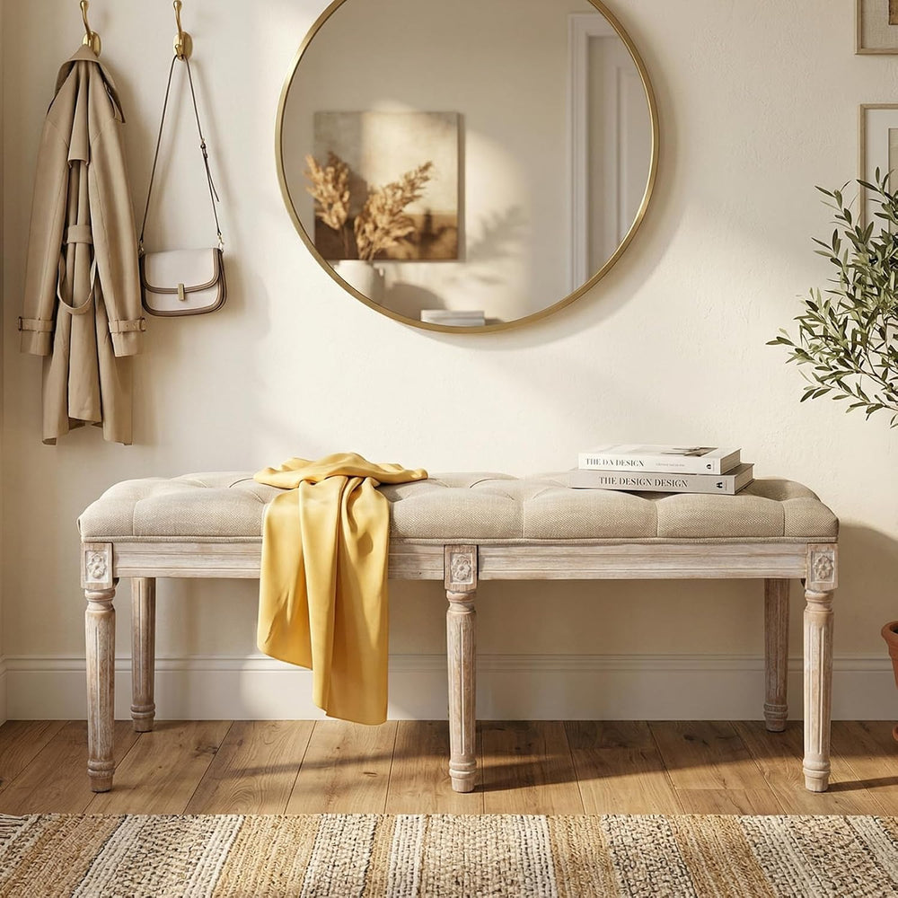 Tufted Dining Bench French Vintage Fabric Upholstered Wood Dining Room Bench ...