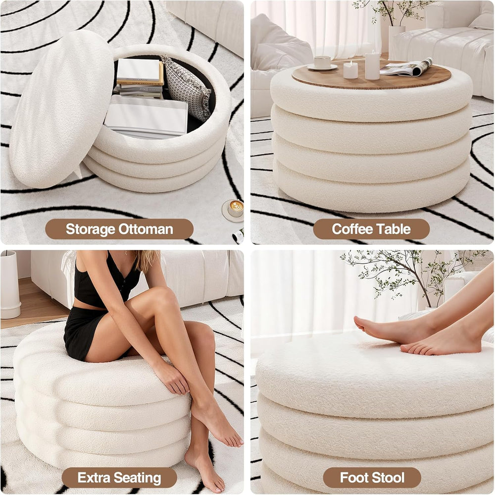 FiveWillowise 30 Inch Round Ottoman with Storage,Large Sherpa Coffee Table | ...