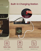 VASAGLE Baker's Rack with LED Lights and Power Outlet, Farmhouse Coffee Bar Cabinet with 6 Hooks, 35.4 x 14.2 x 68.9 Inches, Cloud White and Brown Liry Collection UKKS113W101S