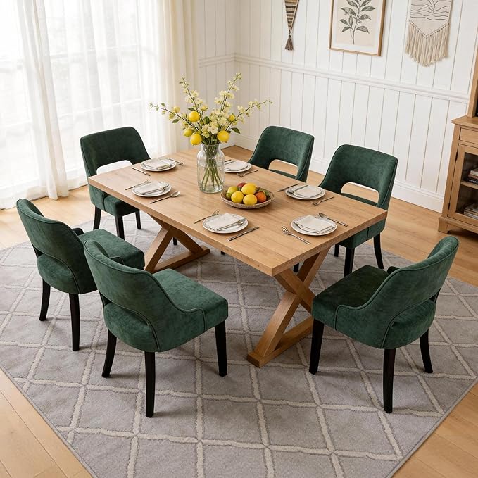 ClinQ Wooden Dining Chairs Set of 4, Modern Fabric Upholstered Kitchen Chairs Dining Chair, Mid Century Modern Chair for Kitchen Dining Room, Farmhouse Kitchen Chairs, Dark Green-Black Legs