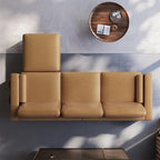Vesgantti 100" L Shaped PU Leather Sofa with Movable Ottoman, 3 Seater Faux Leather Couch with Side Pocket, Comfy Modern Modular Sectional Couch for Living Room, Apartment, Camel