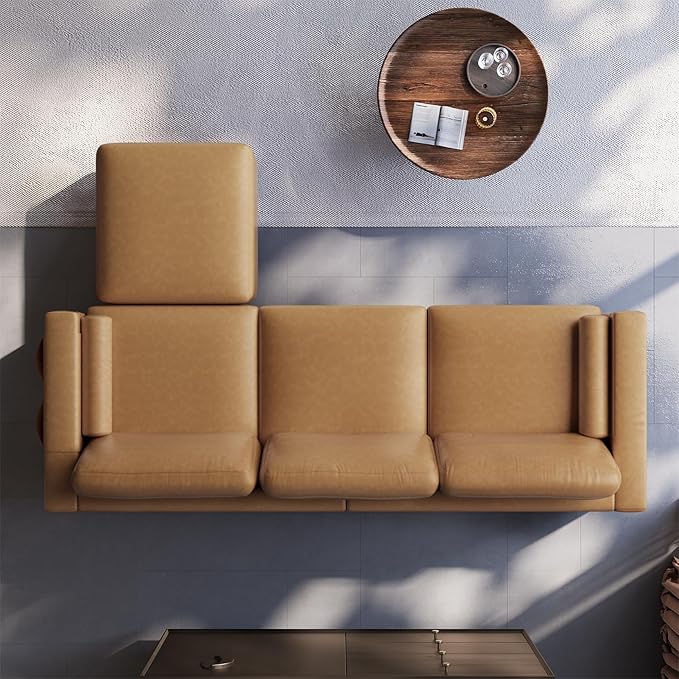 Vesgantti 100" Faux Leather Couch with Movable Ottoman, 3 Seater L Shaped PU Leather Sofa with Side Pocket, Comfy Mid Century Modern Modular Sectional Couch for Living Room, Apartment, Camel