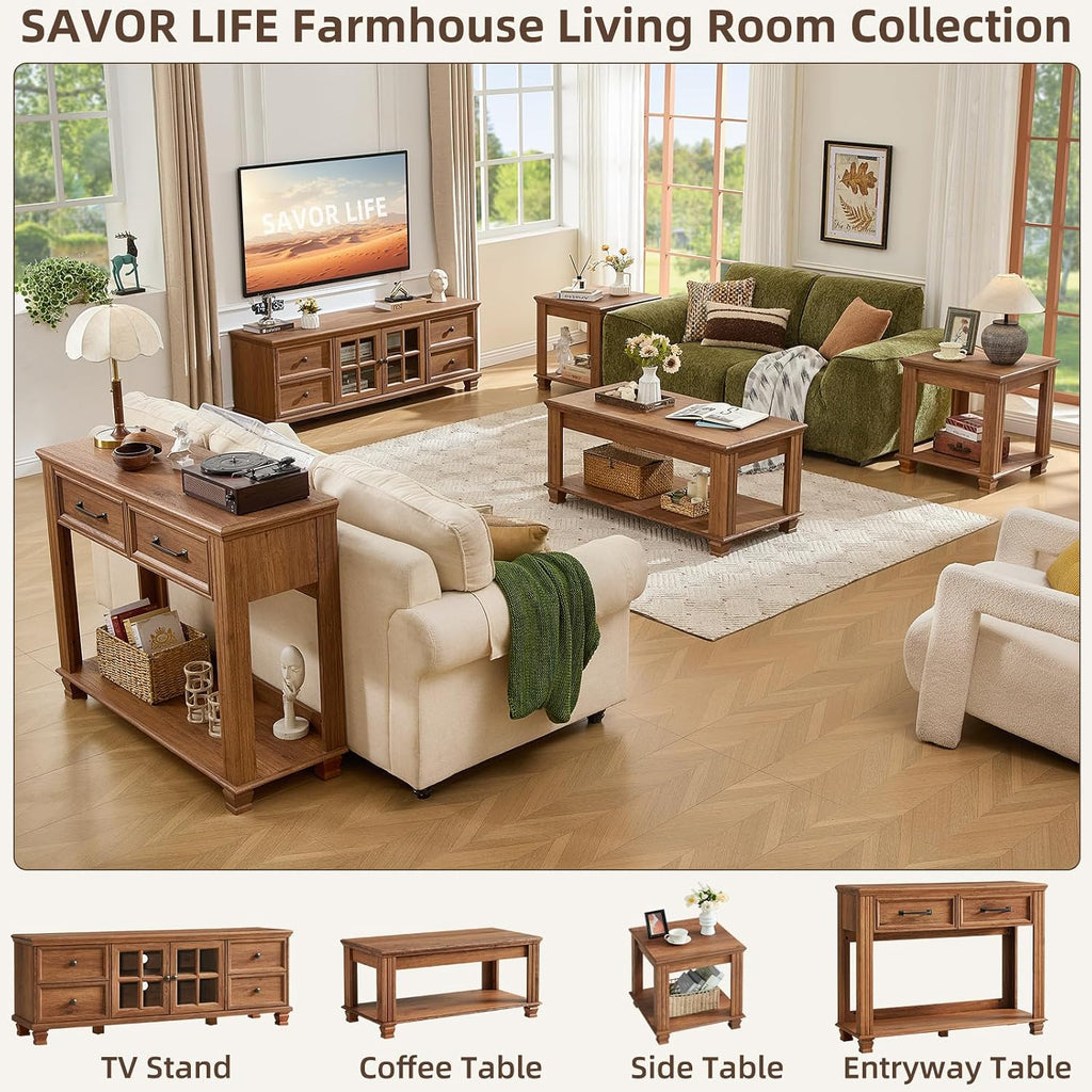 Farmhouse TV Stands for Living Room, Brown | Heavy-Duty Rustic Entertainment Center with 4 Drawers & Thickened Top & Square Wooden Legs for 65 Inch TV