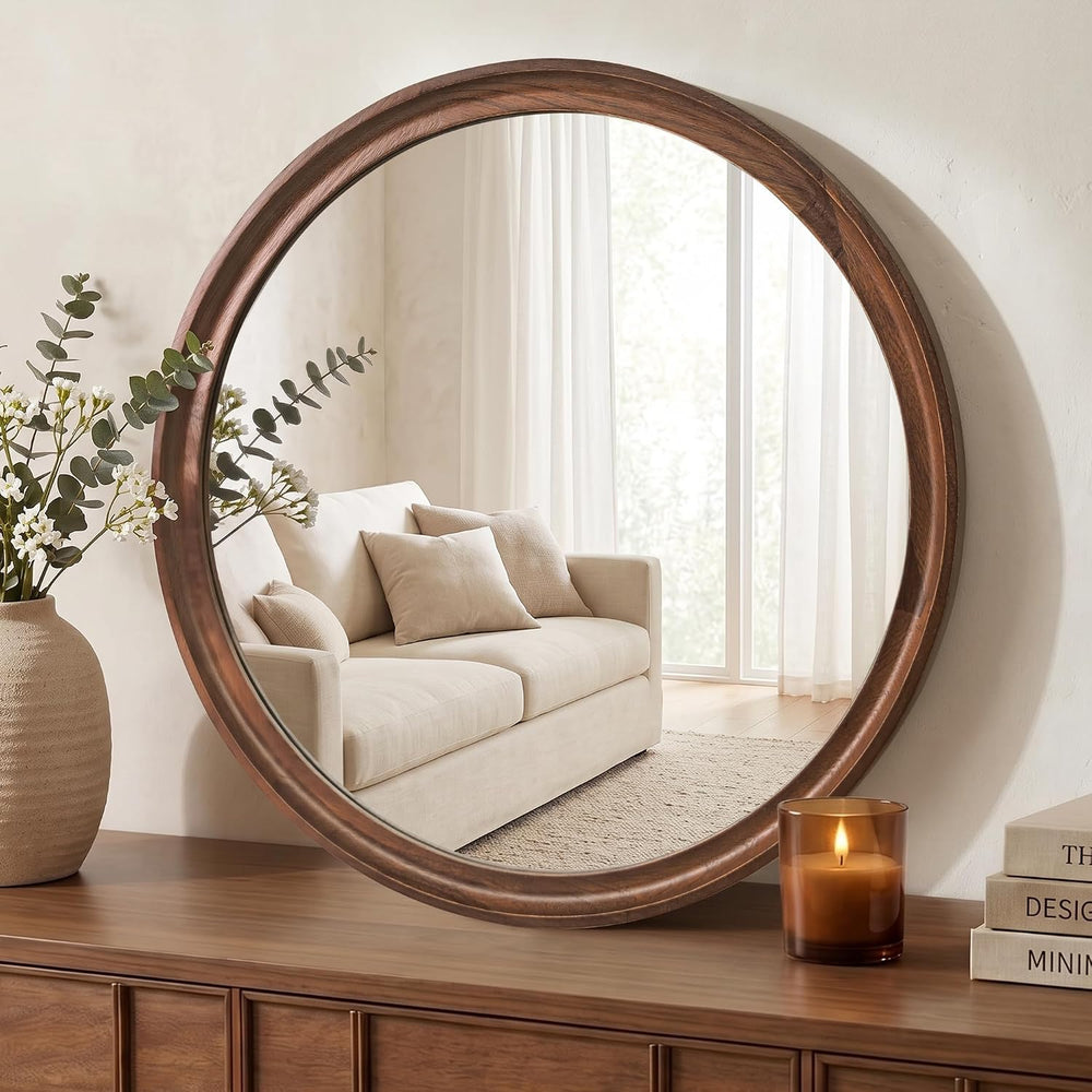 FICTOR Round Wood Mirror, 24" Circle Mirrors for Wall Decor, Walnut Brown