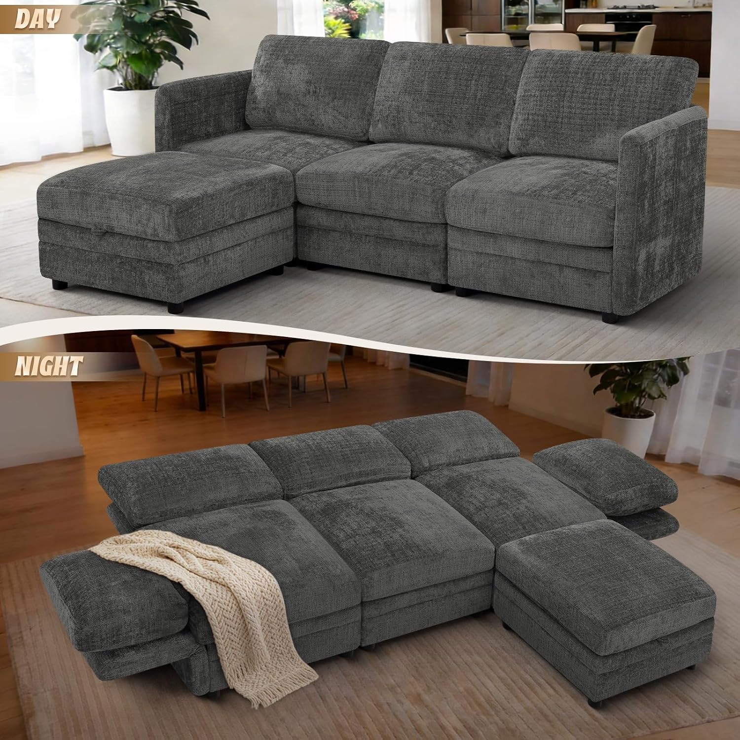 86” 4-Seater Chenille Modular Couch w/Adjustable Backrest, Grey | Upholstered L-Shape Sectional Sofa with Removable Ottoman, Convertible Sleeper Sofa with Storage Seats for Living Room