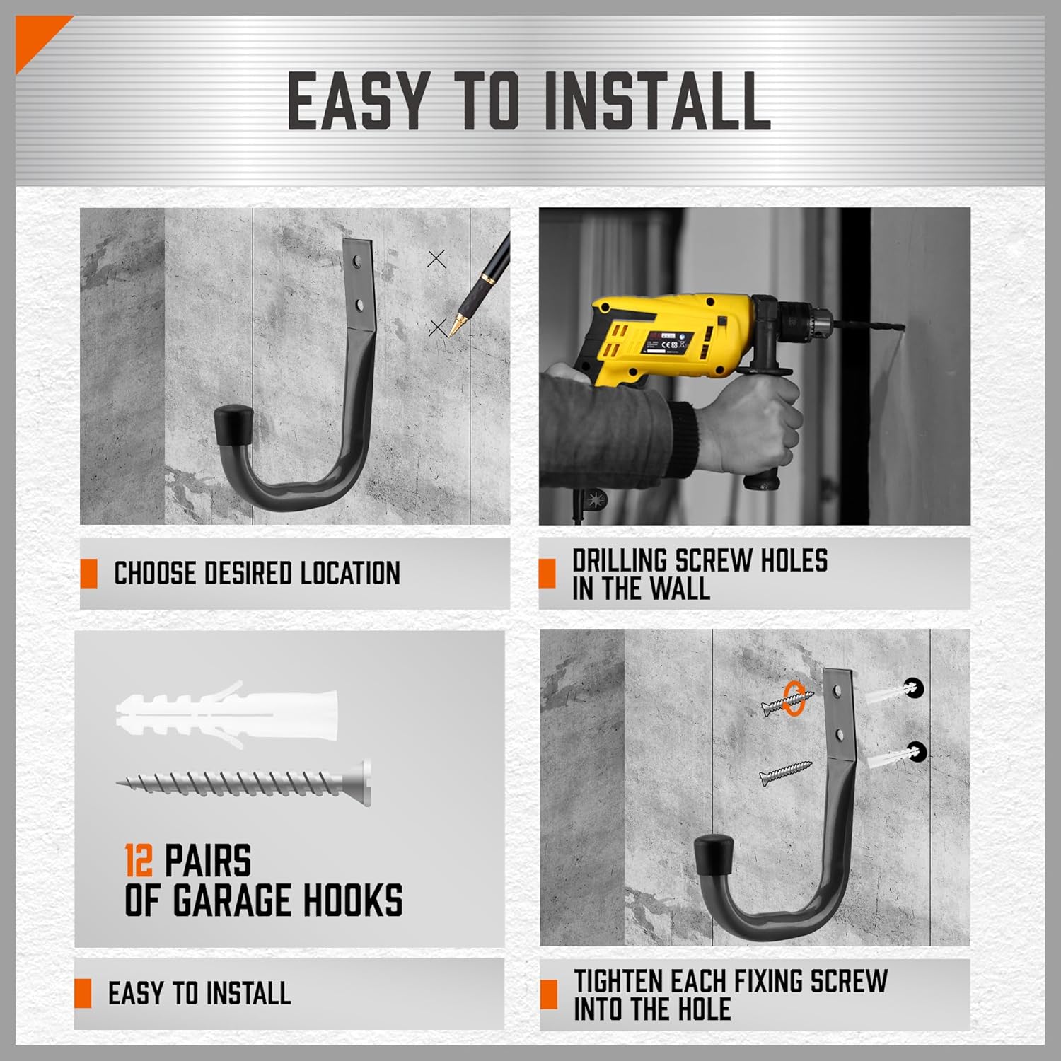 HORUSDY 6-Pack Heavy Duty Metal Wall Hooks, Large Garage Storage & Organization Hooks for Tools, Extension Cords, Ladders, and Bags, Wall Mount J Hooks for Indoor Outdoor Use, Gray