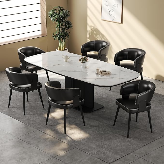 Modern Dining Chairs Set of 6, Upholstered Faux Leather Kitchen Side Chairs with Curved Open Back, Elegant Decorative Stitching, Easy Assembly for Dining Room, Restaurant, Cafe, Vintage Black