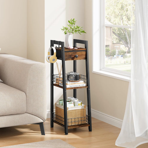 3-Tier Narrow Ladder Shelf with Drawer, Bathroom Floor Storage Shelf, Freestanding Tower Shelf Ladder Bookshelf Brown