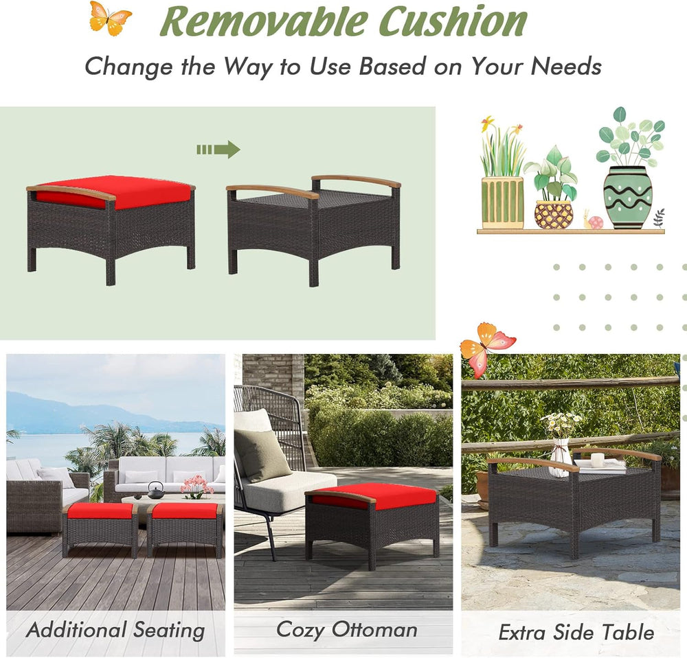 HAPPYGRILL Set of 2 Outdoor Patio Ottoman PE Rattan Wicker Ottomans with Remo...
