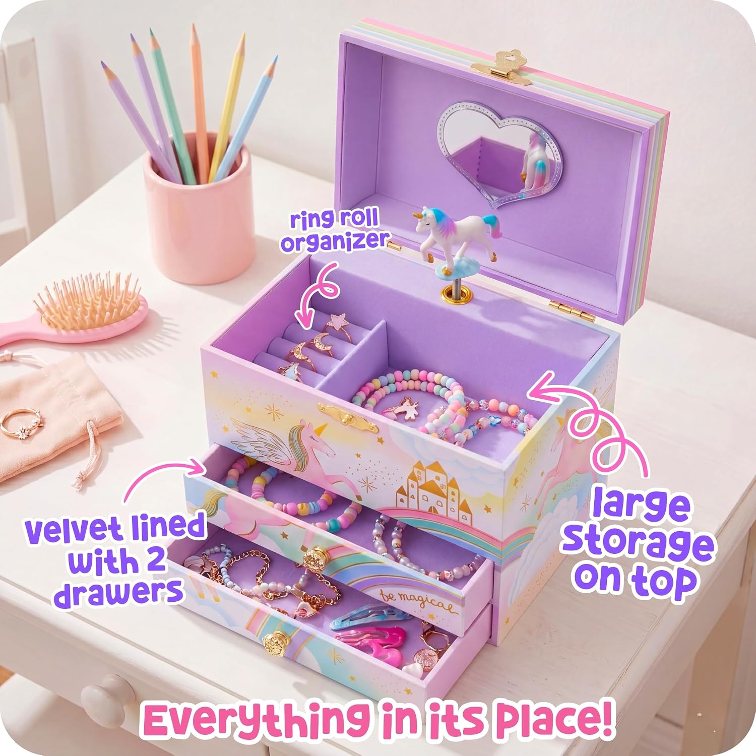 Giggle & Honey Musical Unicorn Jewelry Box for Girls - Kids Music Box with Spinning Unicorn, Unicorn Birthday Gifts for Little Girls, Jewelry Boxes, 6.8 x 5.3 x 6 in - Ages 3-10