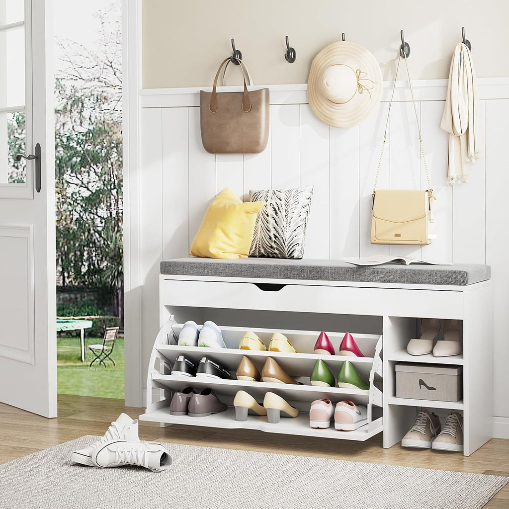 VOWNER Shoe Storage Bench with 3-Tier Flip Drawer & Padded Cushion, Shoe Rack Bench with Flip-Open Storage Box, Shoe Storage Organizer for Entryway, Hallway, Living Room, White | Narrow shoe tipper with seat cushion and adjustable compartments for hallway