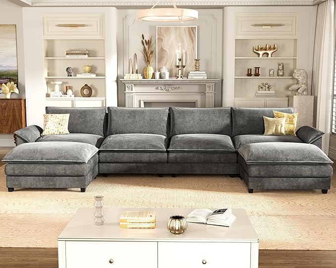 Homall 159" Modular Sectional Sofa, U Shaped Sofa Couch with Reversible Ottoman, DIY Combination Chenille Deep 4-Seat Cloud Couch for Living Room, Apartment (Light Grey, U Shaped Sofa)