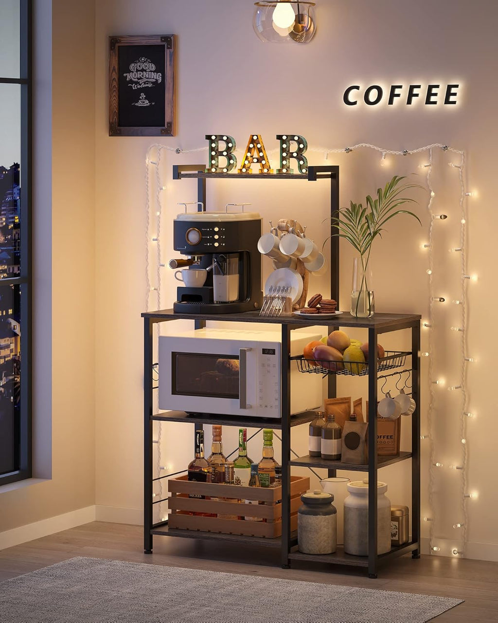 VASAGLE Baker's Rack, Microwave Stand, Kitchen Storage Rack with Wire Basket, 6 Hooks, and Shelves, for Spices, Pots, and Pans, Charcoal Gray and Ink Black UKKS035B04