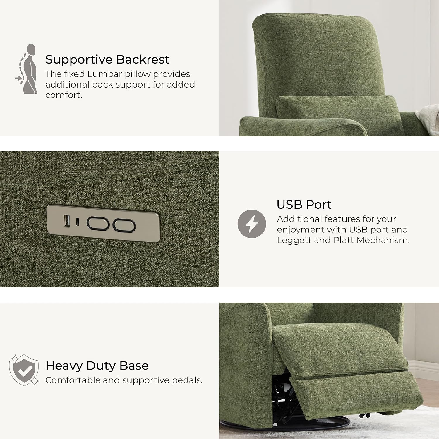 CHITA Power Swivel Glider Recliner Chair, Nursery Glider, Medium, Green | FSC Certified Upholstery Rocking Chair, Lumbar Support, Reclining Chair for Living Room / Nursery
