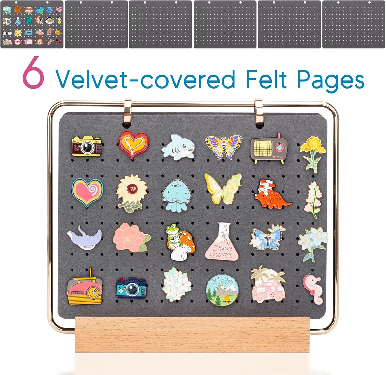 PACMAXI Display Organizers, Brooch Holder, Enamel Pin Pages for Store 180+ Pins, Collection Storage Calendar Wooden Stand With 6 Pages (Not Include Any Accessories) (Grey)