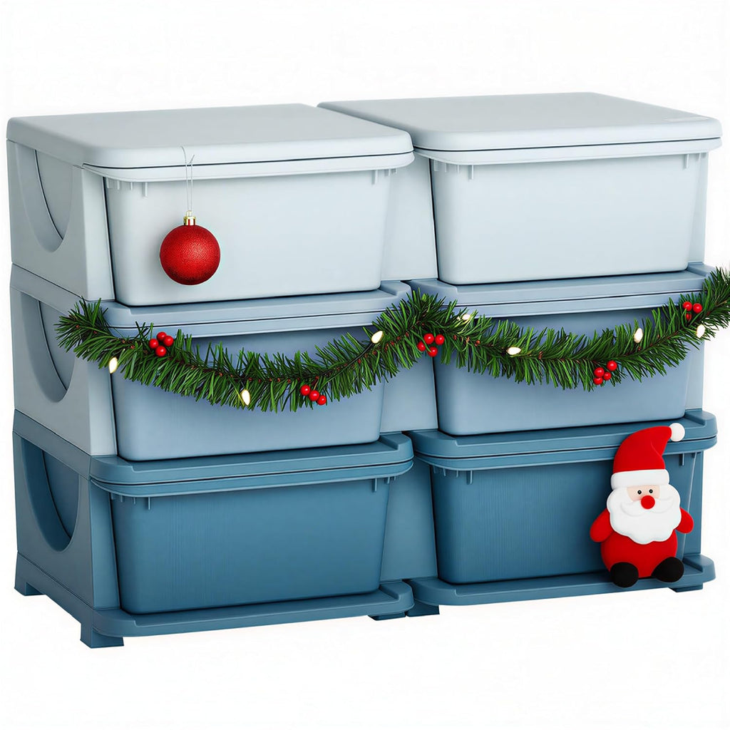 Qaba 3 Tier Kids Storage Unit, 6 Drawer Chest Toy Organizer Plastic Bins for Kids Bedroom Nursery Kindergarten Living Room for Boys Girls Toddlers, Blue